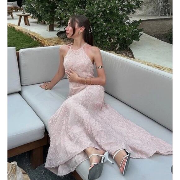 Zara Dresses & Skirts - ZARA NEW WOMAN SS25 STRUCTURED MAXI HALTER DRESS BEIGE-PINK XS